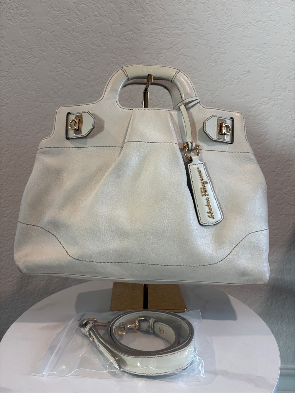 Salvatore Ferragamo Cream Leather Top-Handle Satchel with Crossbody Strap